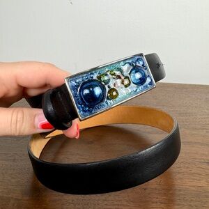 Vintage Italian designer leather belt glass bubble art Qualheim Bollorini blue